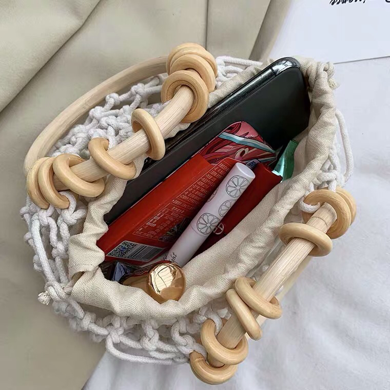 New Cotton Mesh Pocket Hand Drawstring Woven Bag Hand Carrying Fresh Straw Bag Casual Women&#039;s Bag Beach Bag HTT