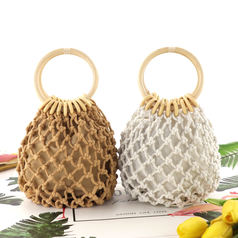 New Cotton Mesh Pocket Hand Drawstring Woven Bag Hand Carrying Fresh Straw Bag Casual Women's Bag Beach Bag HTT New Cotton Mesh Pocket Hand Drawstring Woven Bag Hand Carrying Fresh Straw Bag Casual Women's Bag Beach Bag HTT