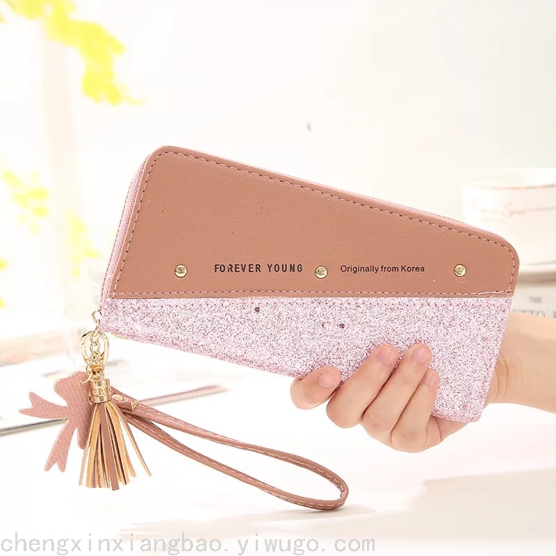 New Ladies&#039; Purse Long Zipper Gold Powder Stitching Contrast Color Tassel Wild Rivet Mobile Phone Bag