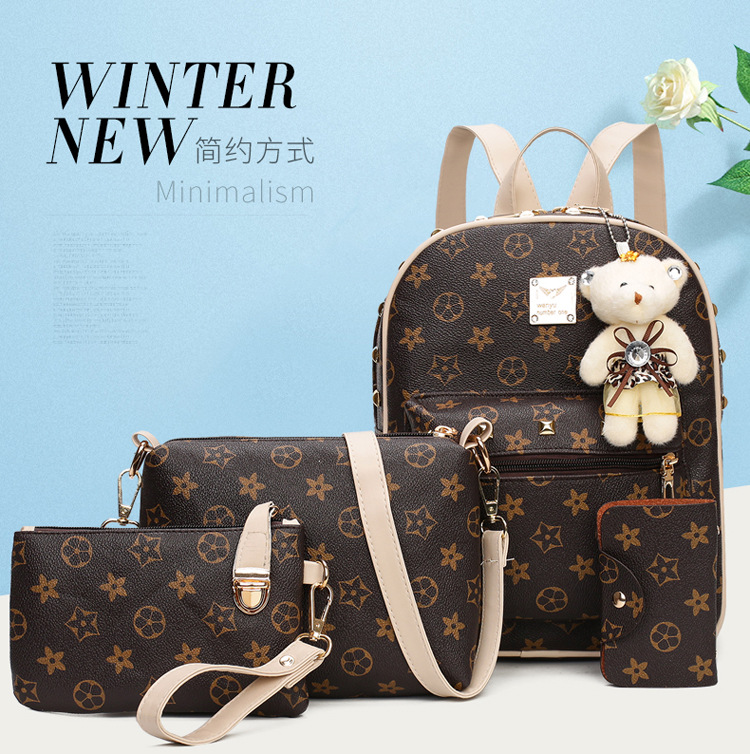 New Women's Bag Korean Fashion Four-Piece Set Mother and Child Bag Bear Rivet Women's Backpack New Women's Bag Korean Fashion Four-Piece Set Mother and Child Bag Bear Rivet Women's Backpack