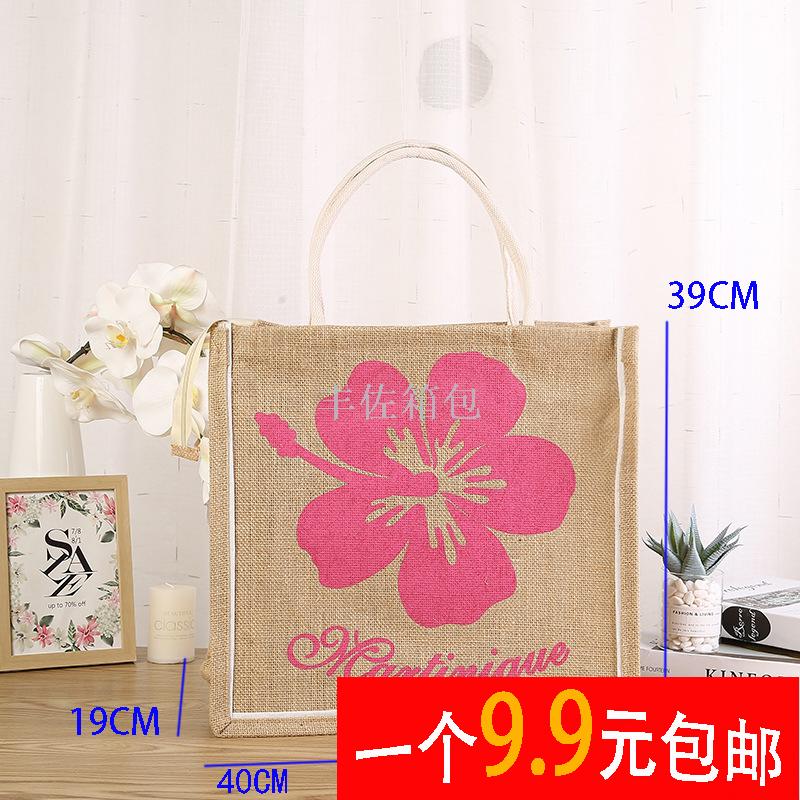 Factory Wholesale Bohemian Printed Jute Bag Ladies Barrel Tote Zipper Flower Bag in Stock