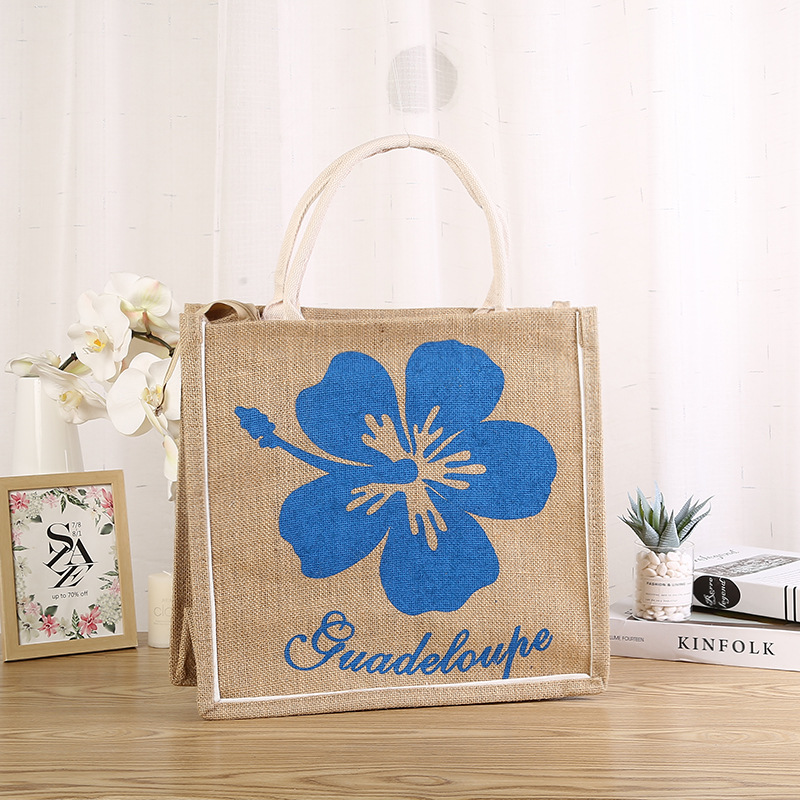 Factory Wholesale Bohemian Printed Jute Bag Ladies Barrel Tote Zipper Flower Bag in Stock