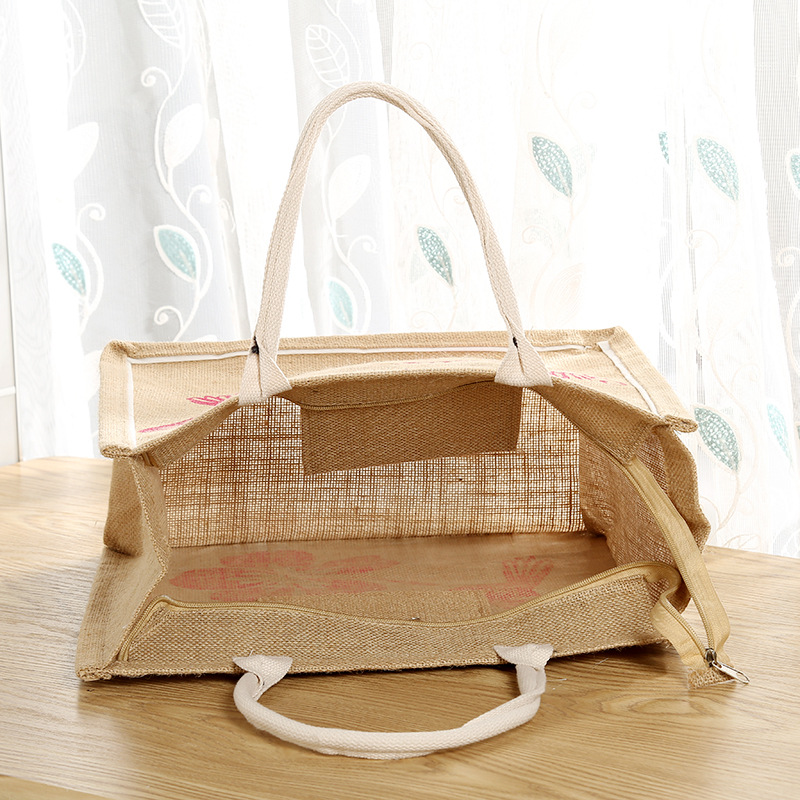 Factory Wholesale Bohemian Printed Jute Bag Ladies Barrel Tote Zipper Flower Bag in Stock