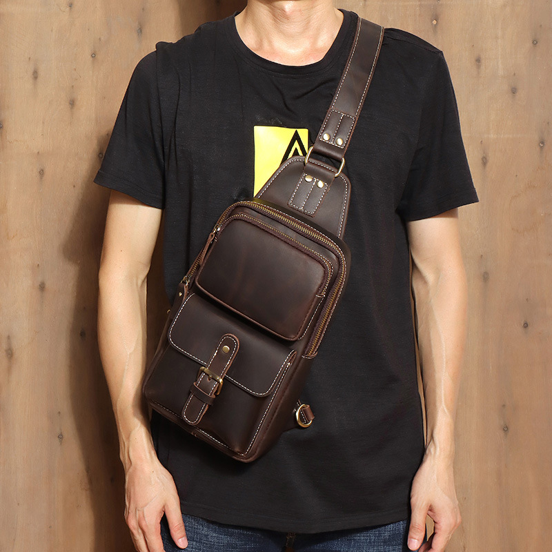 Factory Direct Sales Men's Real-Leather Bag Retro Crazy Horse Leather Chest Bag Crossbody Bag First Layer Cowhide Casual Fashion Cross Backpack Factory Direct Sales Men's Real-Leather Bag Retro Crazy Horse Leather Chest Bag Crossbody Bag First Layer Cowhide Casual Fashion Cross Backpack
