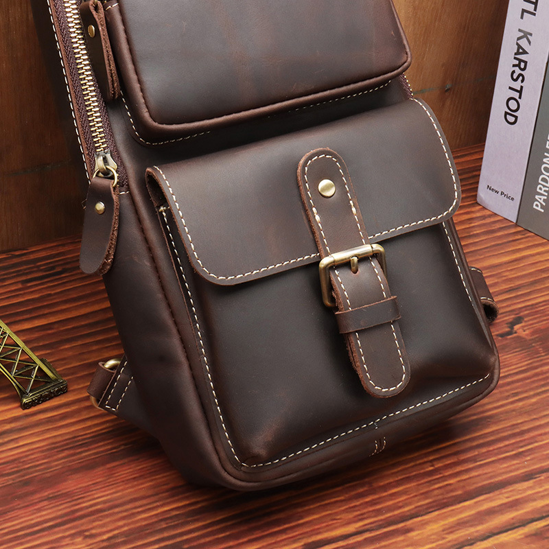 Factory Direct Sales Men's Real-Leather Bag Retro Crazy Horse Leather Chest Bag Crossbody Bag First Layer Cowhide Casual Fashion Cross Backpack Factory Direct Sales Men's Real-Leather Bag Retro Crazy Horse Leather Chest Bag Crossbody Bag First Layer Cowhide Casual Fashion Cross Backpack