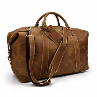 Men's Real-Leather Traveling Bag Black Gym Bag with Shoe Position Cylinder Handbag Top Layer Cowhide Messenger Bag Bucket Bag