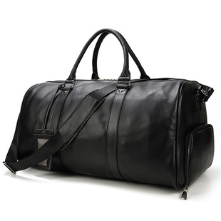 Men's Real-Leather Traveling Bag Black Gym Bag with Shoe Position Cylinder Handbag Top Layer Cowhide Messenger Bag Bucket Bag