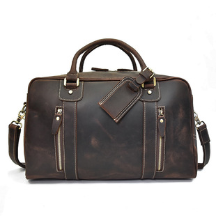 Men's Real-Leather Traveling Bag Black Gym Bag with Shoe Position Cylinder Handbag Top Layer Cowhide Messenger Bag Bucket Bag