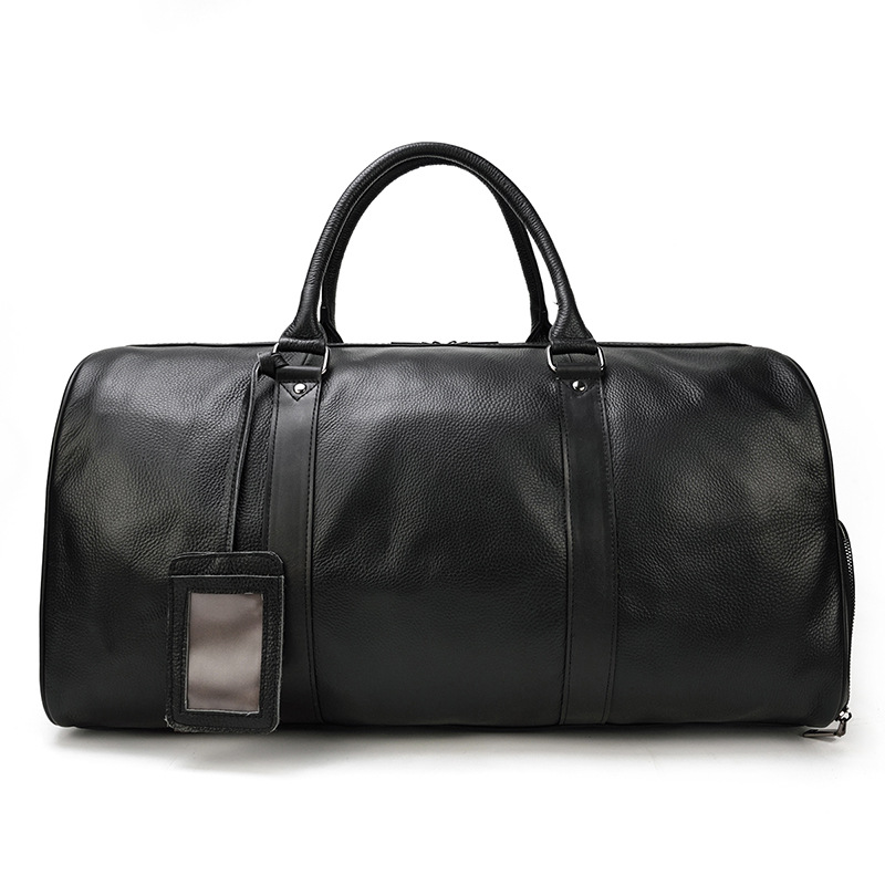 Men's Real-Leather Traveling Bag Black Gym Bag with Shoe Position Cylinder Handbag Top Layer Cowhide Messenger Bag Bucket Bag