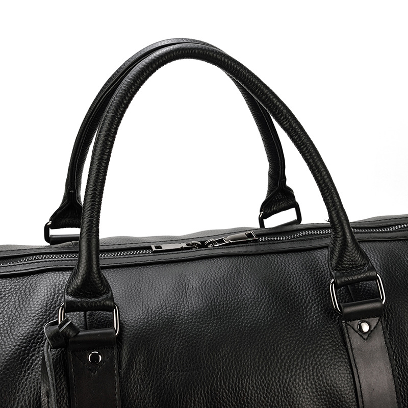 Men's Real-Leather Traveling Bag Black Gym Bag with Shoe Position Cylinder Handbag Top Layer Cowhide Messenger Bag Bucket Bag