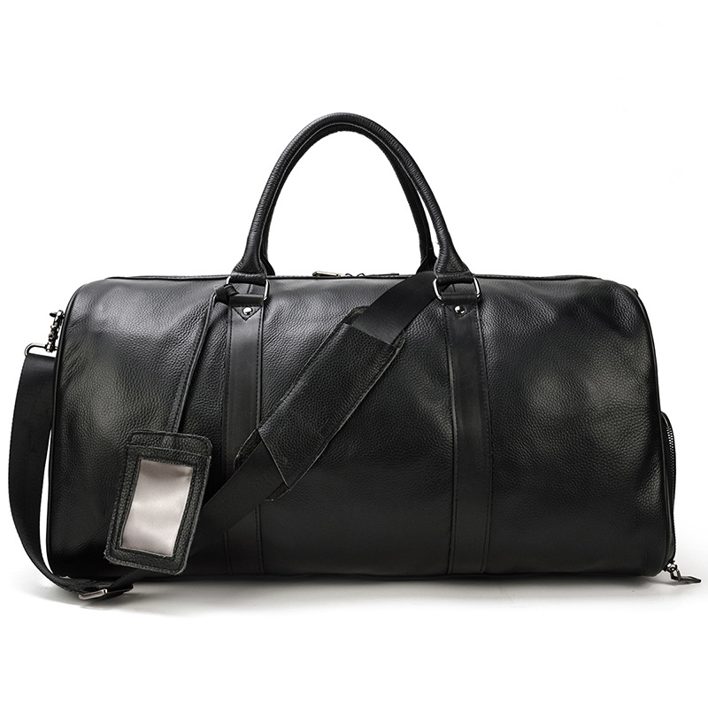 Men's Real-Leather Traveling Bag Black Gym Bag with Shoe Position Cylinder Handbag Top Layer Cowhide Messenger Bag Bucket Bag