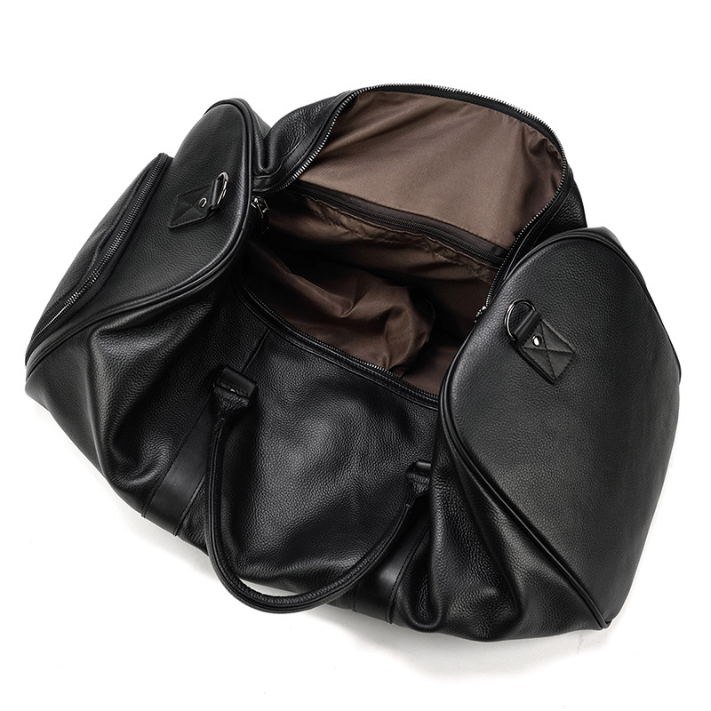 Men's Real-Leather Traveling Bag Black Gym Bag with Shoe Position Cylinder Handbag Top Layer Cowhide Messenger Bag Bucket Bag