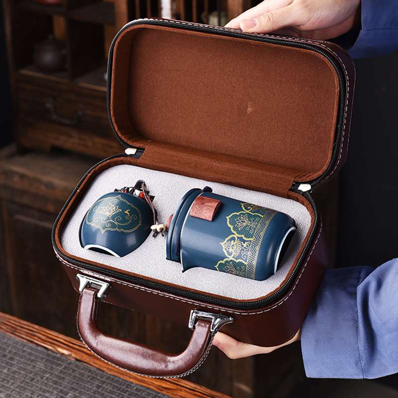 Japanese Style Travel Portable Quick Cup One Pot Fills Three Cups Leather Bag with Tea Can Gift Teaware Packaging Real Estate Logo