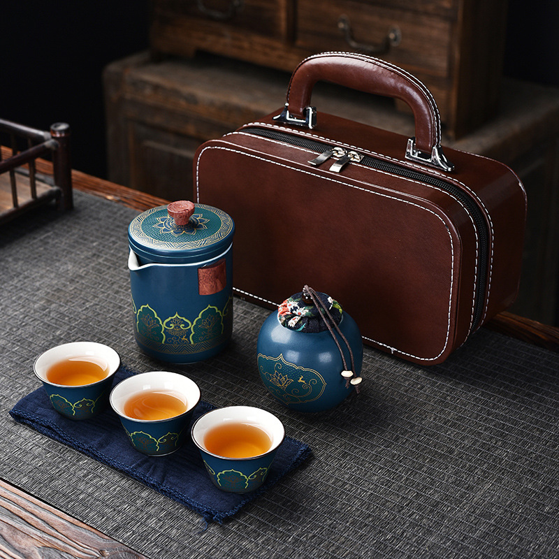 Japanese Style Travel Portable Quick Cup One Pot Fills Three Cups Leather Bag with Tea Can Gift Teaware Packaging Real Estate Logo