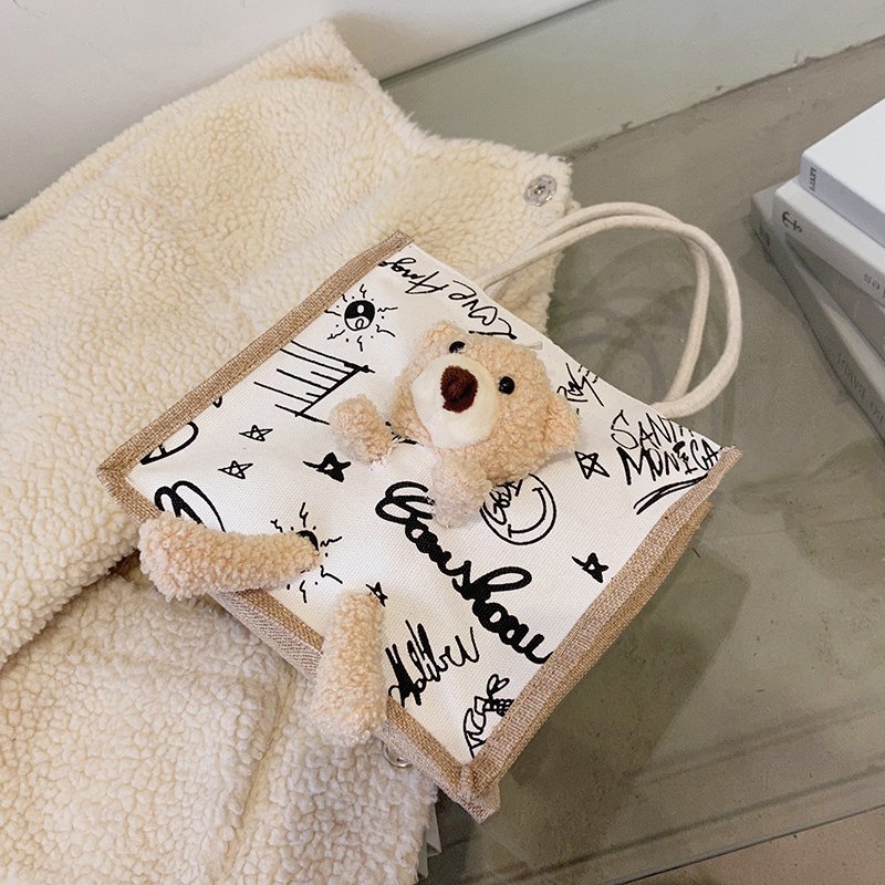 2021 New Internet Hot Korean Style Ins Printed Cow Graffiti Bear Canvas Bag Women&#039;s Portable Cute Shoulder Bag