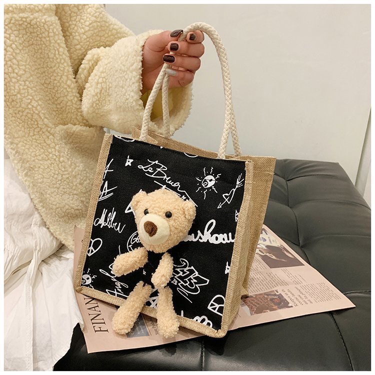 2021 New Internet Hot Korean Style Ins Printed Cow Graffiti Bear Canvas Bag Women's Portable Cute Shoulder Bag