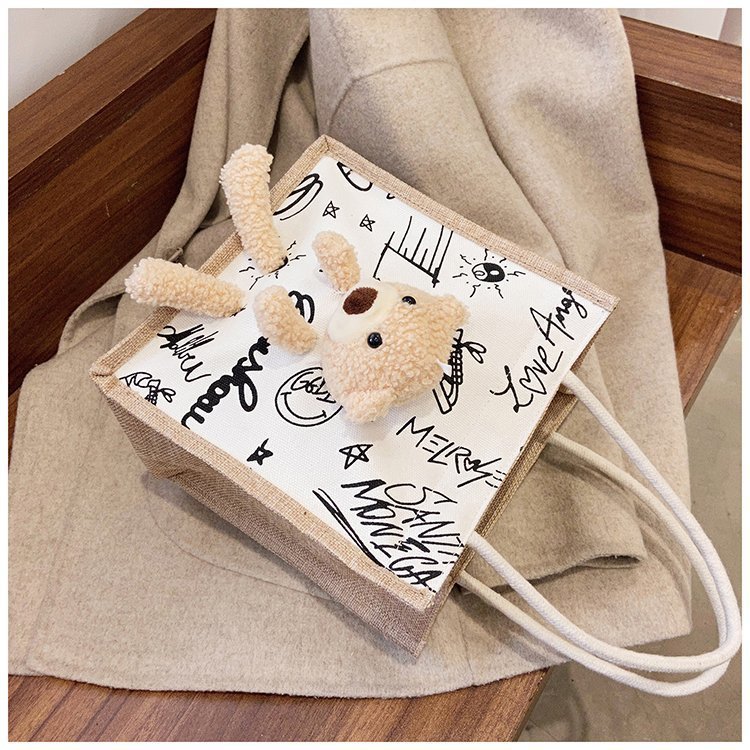 2021 New Internet Hot Korean Style Ins Printed Cow Graffiti Bear Canvas Bag Women's Portable Cute Shoulder Bag