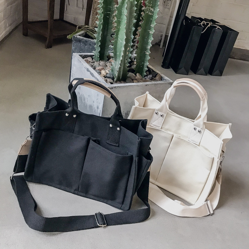 INS Canvas Bag Women&#039;s Simple All-Match Multi-Pocket Large Capacity Handbag Messenger Bag Shoulder Bag Women