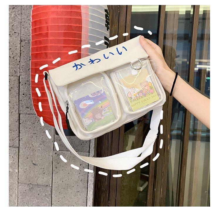 Japanese Ins College Style Cute Cartoon Transparent Canvas Bag Korean Chic Student All-Match Class Bag Messenger Bag