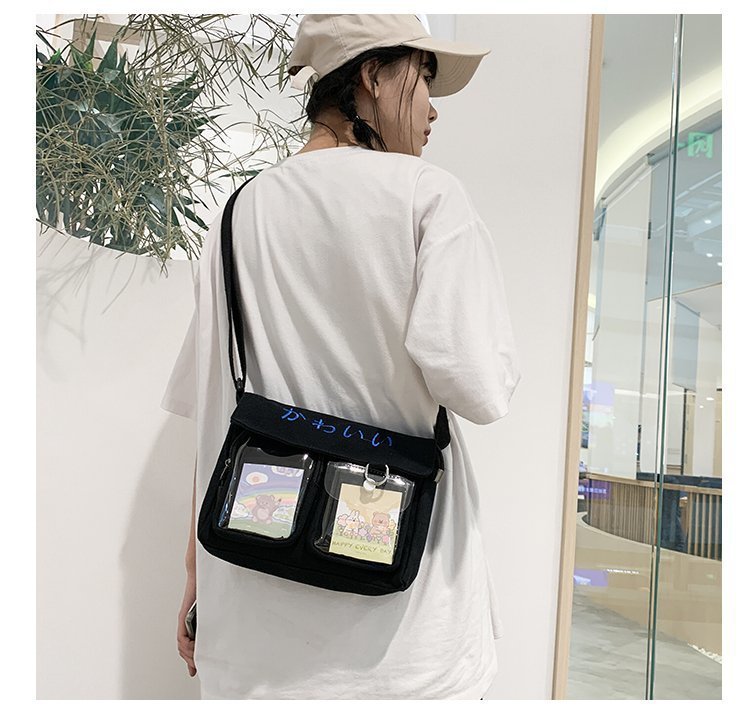 Japanese Ins College Style Cute Cartoon Transparent Canvas Bag Korean Chic Student All-Match Class Bag Messenger Bag