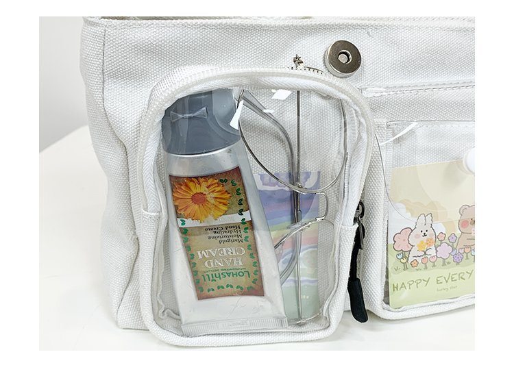 Japanese Ins College Style Cute Cartoon Transparent Canvas Bag Korean Chic Student All-Match Class Bag Messenger Bag