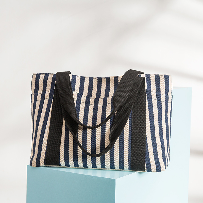in Europe and America Women&#039;s Fashion Handbag Striped Canvas Bag Women&#039;s Shoulder Bag Tote Mummy Canvas Bag Big Bag
