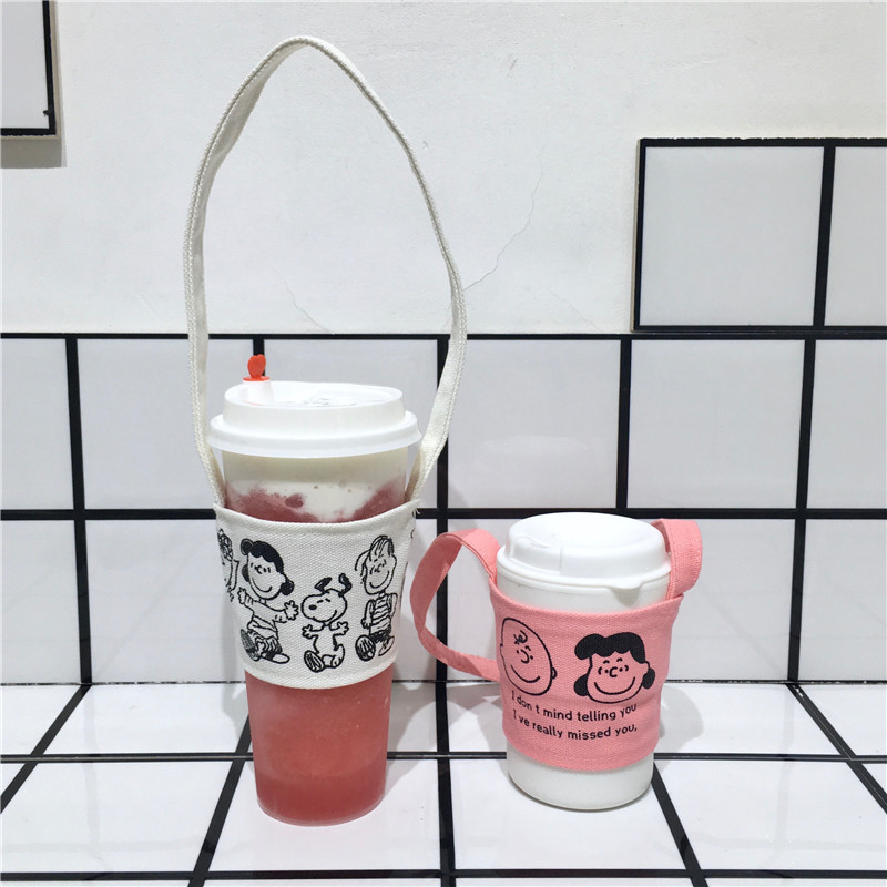 Korean Style Ins Simple Cute Cartoon Puppy Charlie Drink Cup Milk Tea Cup Set Canvas Bag Heat Resistant Anti-Ice