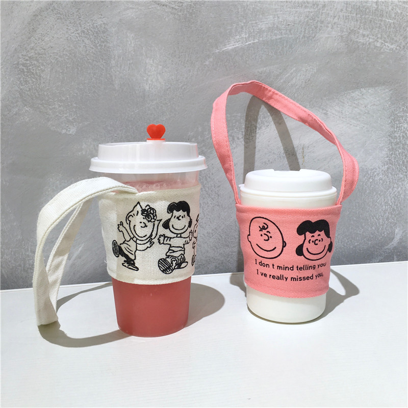Korean Style Ins Simple Cute Cartoon Puppy Charlie Drink Cup Milk Tea Cup Set Canvas Bag Heat Resistant Anti-Ice