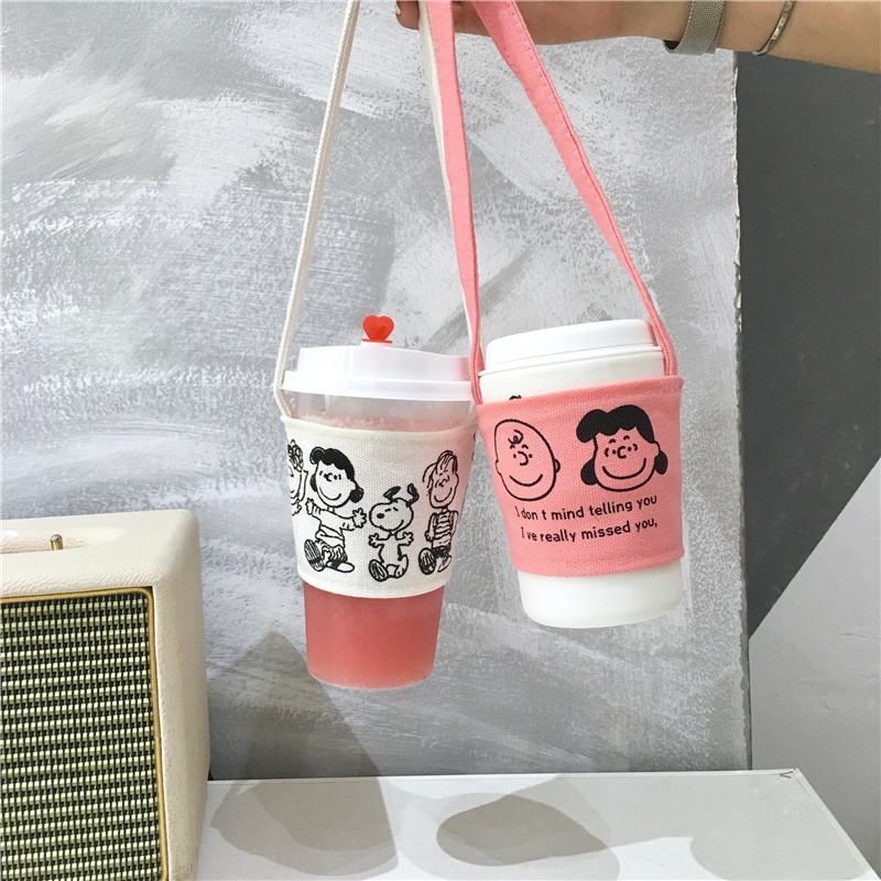 Korean Style Ins Simple Cute Cartoon Puppy Charlie Drink Cup Milk Tea Cup Set Canvas Bag Heat Resistant Anti-Ice