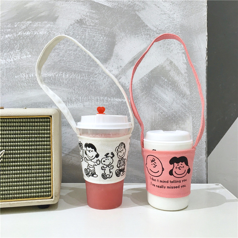 Korean Style Ins Simple Cute Cartoon Puppy Charlie Drink Cup Milk Tea Cup Set Canvas Bag Heat Resistant Anti-Ice