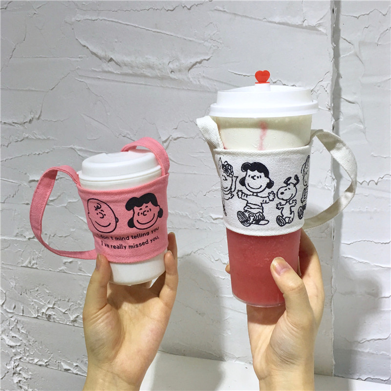 Korean Style Ins Simple Cute Cartoon Puppy Charlie Drink Cup Milk Tea Cup Set Canvas Bag Heat Resistant Anti-Ice Korean Style Ins Simple Cute Cartoon Puppy Charlie Drink Cup Milk Tea Cup Set Canvas Bag Heat Resistant Anti-Ice