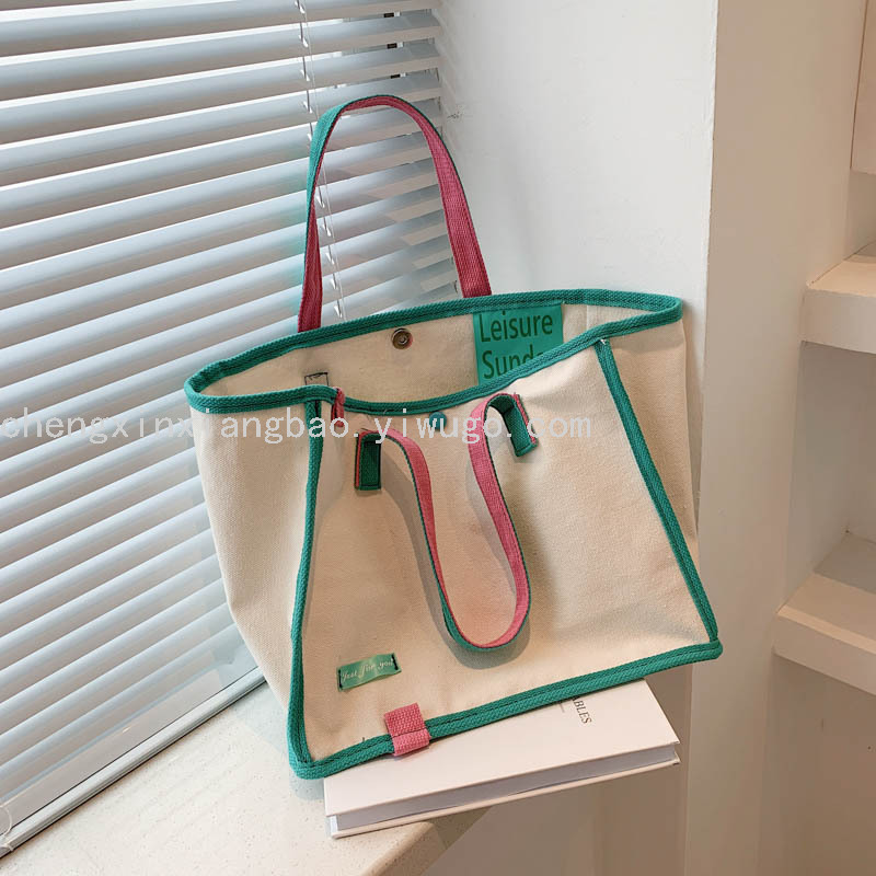 Fashion Fashion Brand Same Style Contrast Color Canvas Bag Women&#039;s Handbag Korean Ins Artistic Canvas Shopping Bag