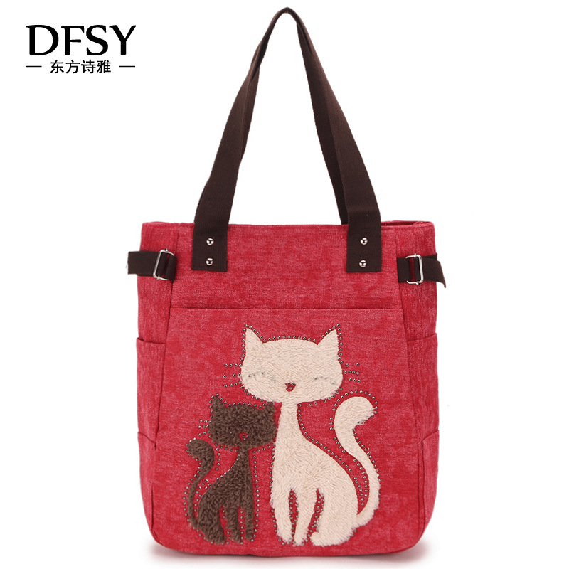  Velvet Rhinestone Cat Canvas Bag Korean Style Women&#039;s Handbag Large Capacity Single-Shoulder Canvas Bag