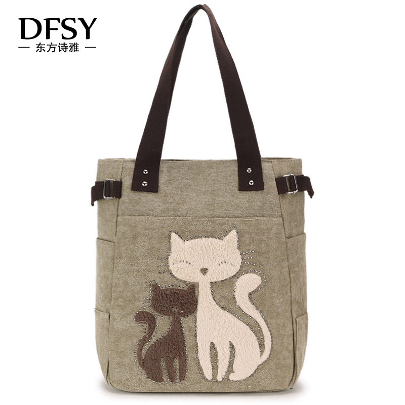  Velvet Rhinestone Cat Canvas Bag Korean Style Women&#039;s Handbag Large Capacity Single-Shoulder Canvas Bag