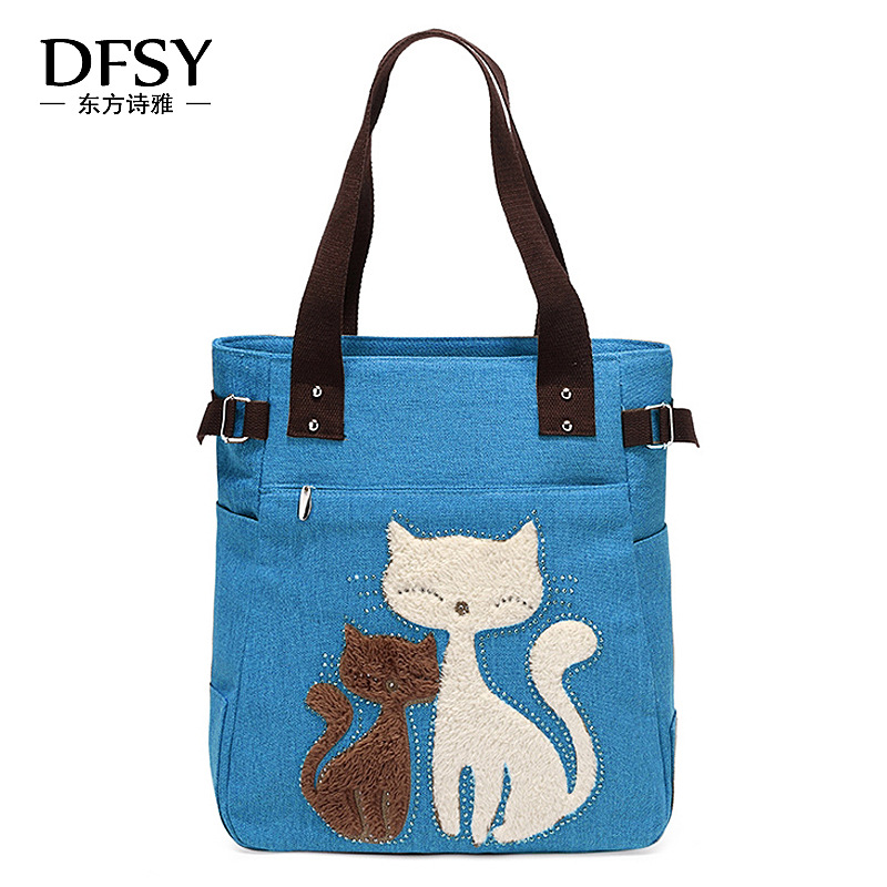  Velvet Rhinestone Cat Canvas Bag Korean Style Women&#039;s Handbag Large Capacity Single-Shoulder Canvas Bag