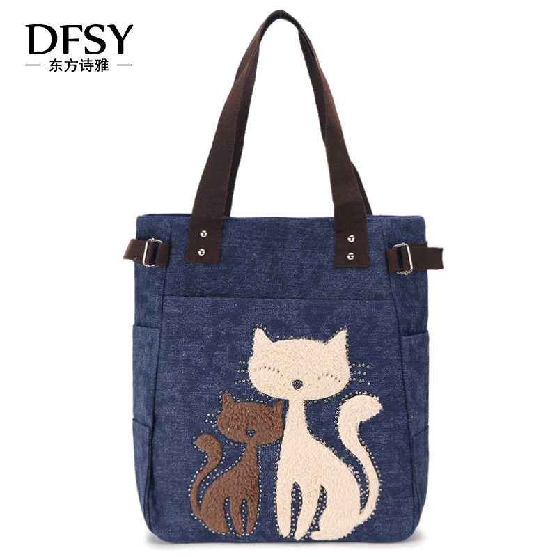  Velvet Rhinestone Cat Canvas Bag Korean Style Women&#039;s Handbag Large Capacity Single-Shoulder Canvas Bag