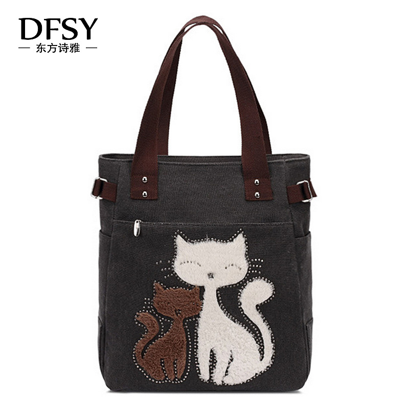  Velvet Rhinestone Cat Canvas Bag Korean Style Women&#039;s Handbag Large Capacity Single-Shoulder Canvas Bag
