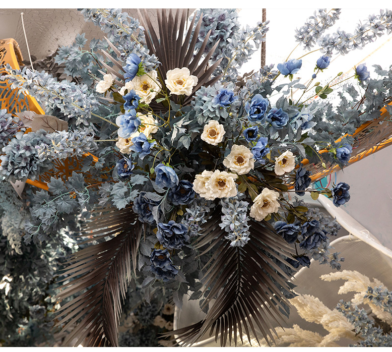Blue Color Wedding Simulation Flower Party Reception Decorative Fake Flower Wedding Set Ceiling Road Lead Flower Factory Wholesale