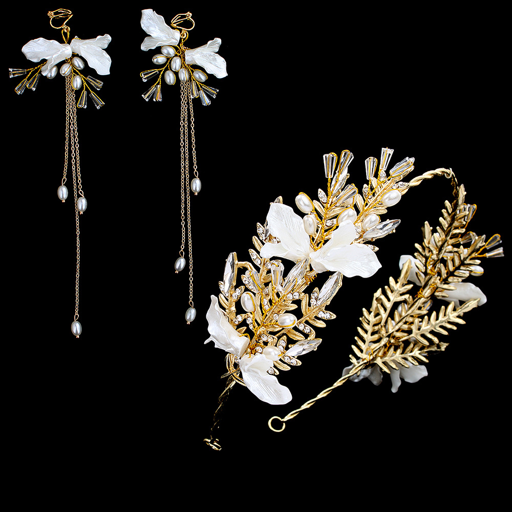 Korean Style Bridal Wedding Dress Headdress Crystal Headdress Flower Alloy Crown Headband Petal Pearl Ear Clip Set Wholesale Korean Style Bridal Wedding Dress Headdress Crystal Headdress Flower Alloy Crown Headband Petal Pearl Ear Clip Set Wholesale