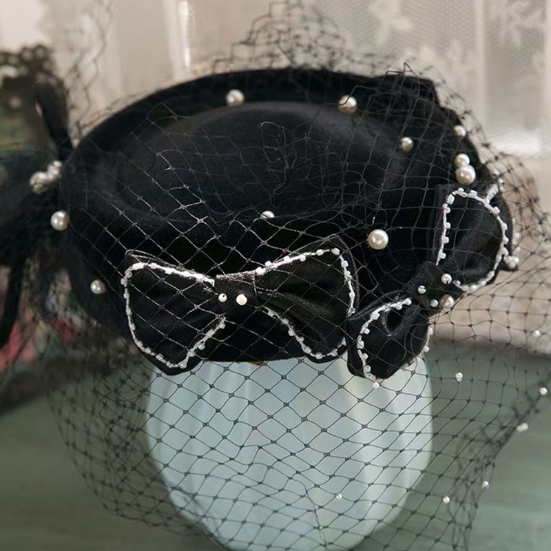Wedding Hat  Elegant Velvet Hat Mesh Pearl Complex Pair Hat Accessory Prom Bridal Wedding Sample Headdress
