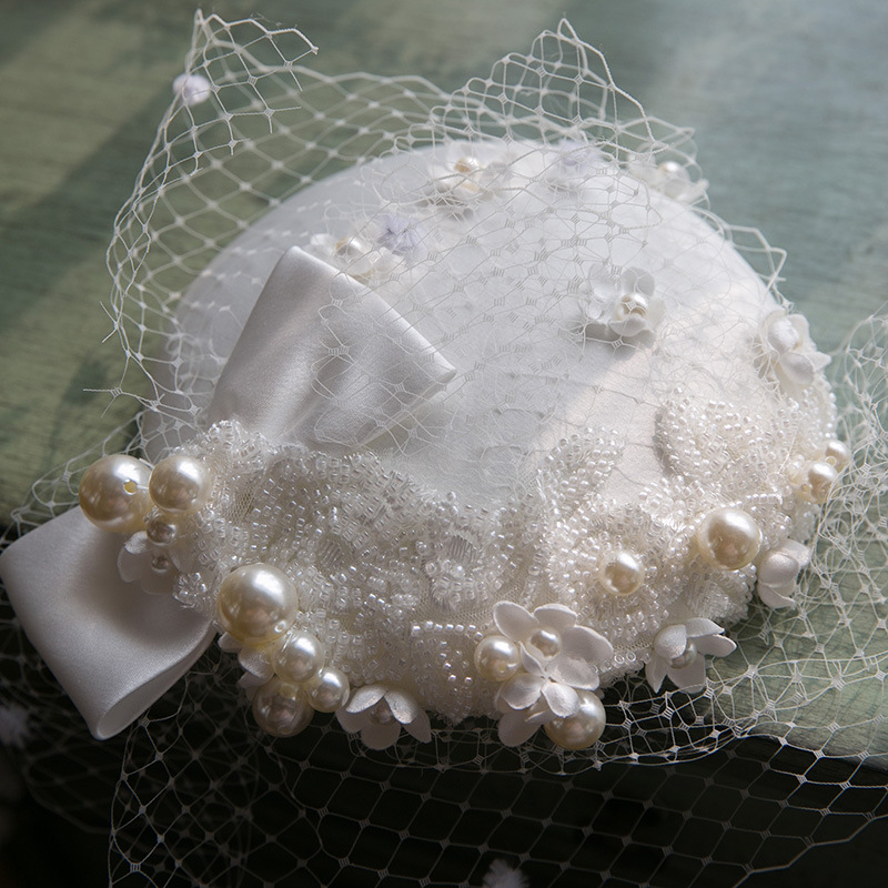 British Socialite Pearl Billycock Elegant Cheongsam Dinner Dress Wedding Bow Headdress for Taking Photos Wedding Hat