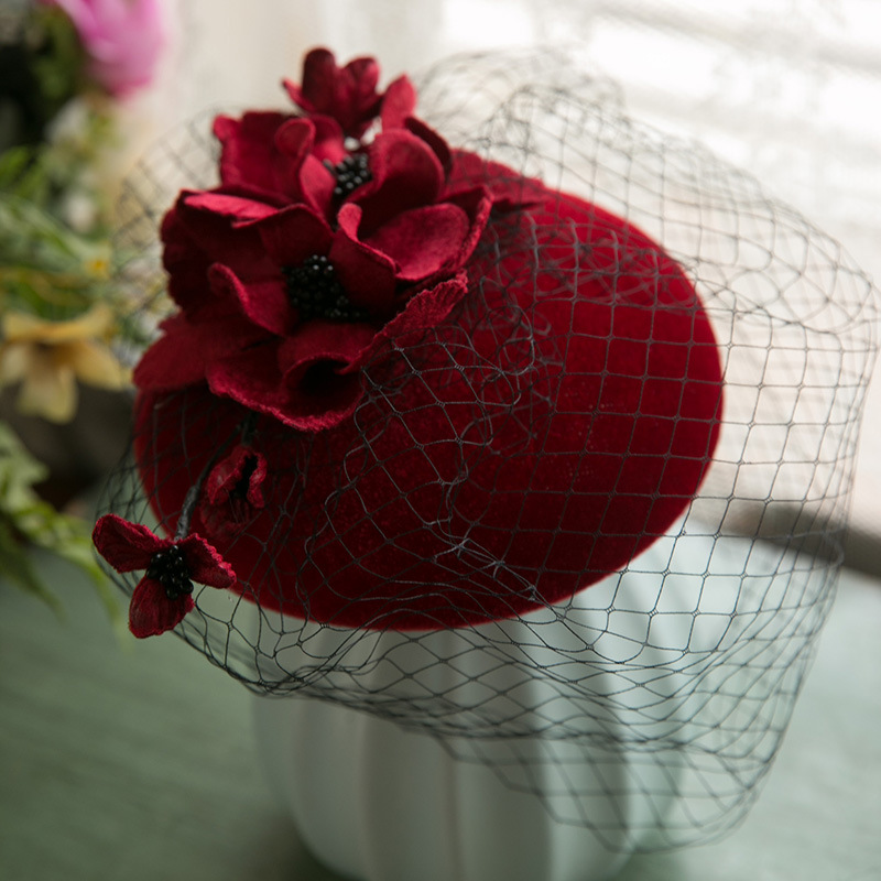 2020 New Wine Red Autumn and Winter Velvet Wedding Toast Billycock Chinese Wedding Hat
