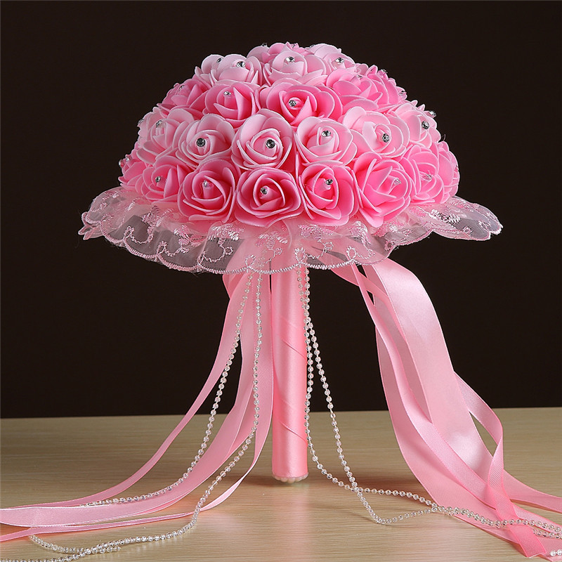 Bridal Bouquet Bridal Wedding Ribbon Beaded Bridal Bouquet Foam Artificial Flower White Rose Bouquet Multicolor