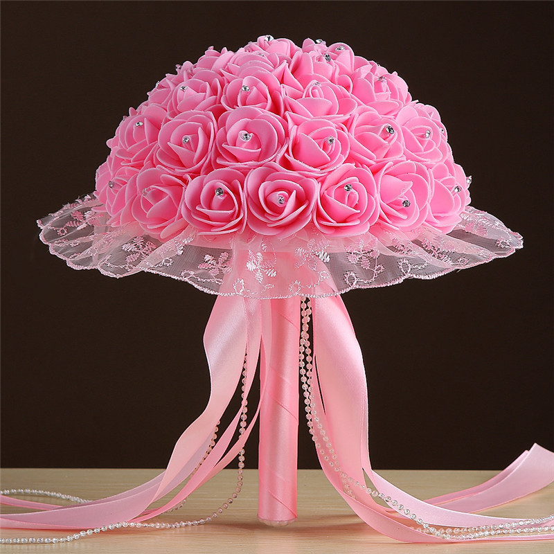 Bridal Bouquet Bridal Wedding Ribbon Beaded Bridal Bouquet Foam Artificial Flower White Rose Bouquet Multicolor