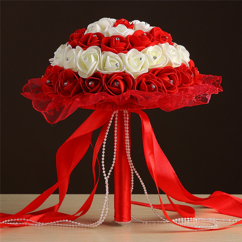 Bridal Bouquet Bridal Wedding Ribbon Beaded Bridal Bouquet Foam Artificial Flower White Rose Bouquet Multicolor
