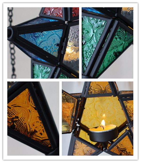 European-Style Classical Color Pattern Glass Five-Pointed Star Iron Art Candleholder European-Style Classical Color Pattern Glass Five-Pointed Star Iron Art Candleholder