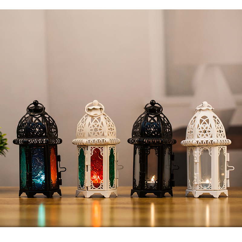 Cross-Border European-Style Moroccan Glass Candlestick Metal Lantern Creative Candleholder