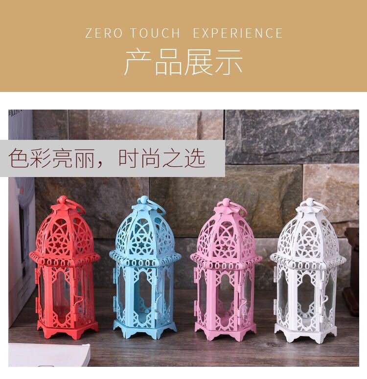 Cross-Border European-Style Moroccan Glass Candlestick Metal Lantern Creative Candleholder