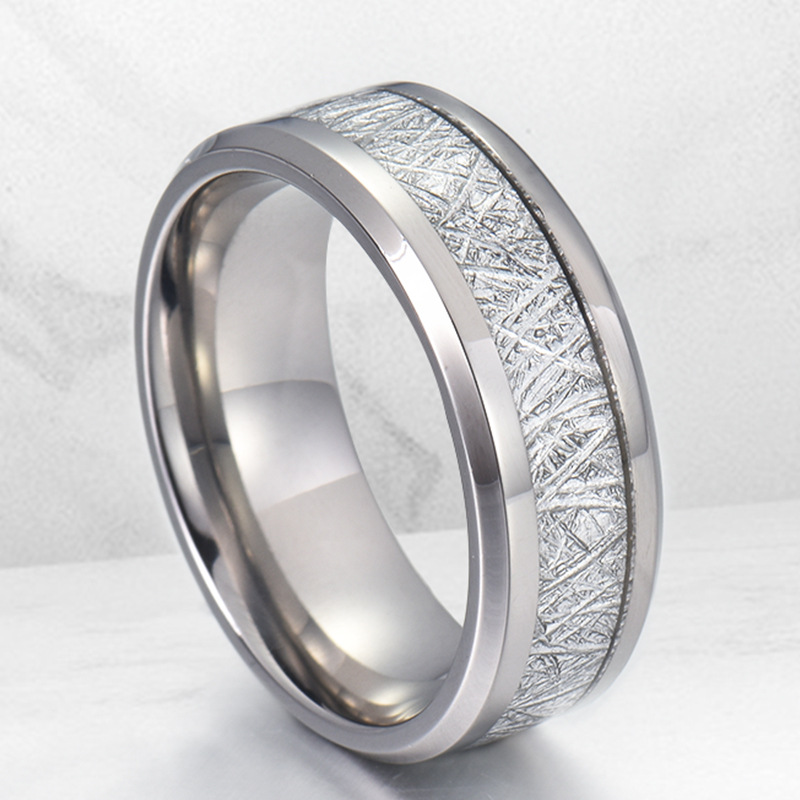Cross-Border New Arrival Fashion Tungsten Ring Fine Polishing Smooth Delicate Inlaid Silver Imitation Meteorite Stainless Steel Couple Rings