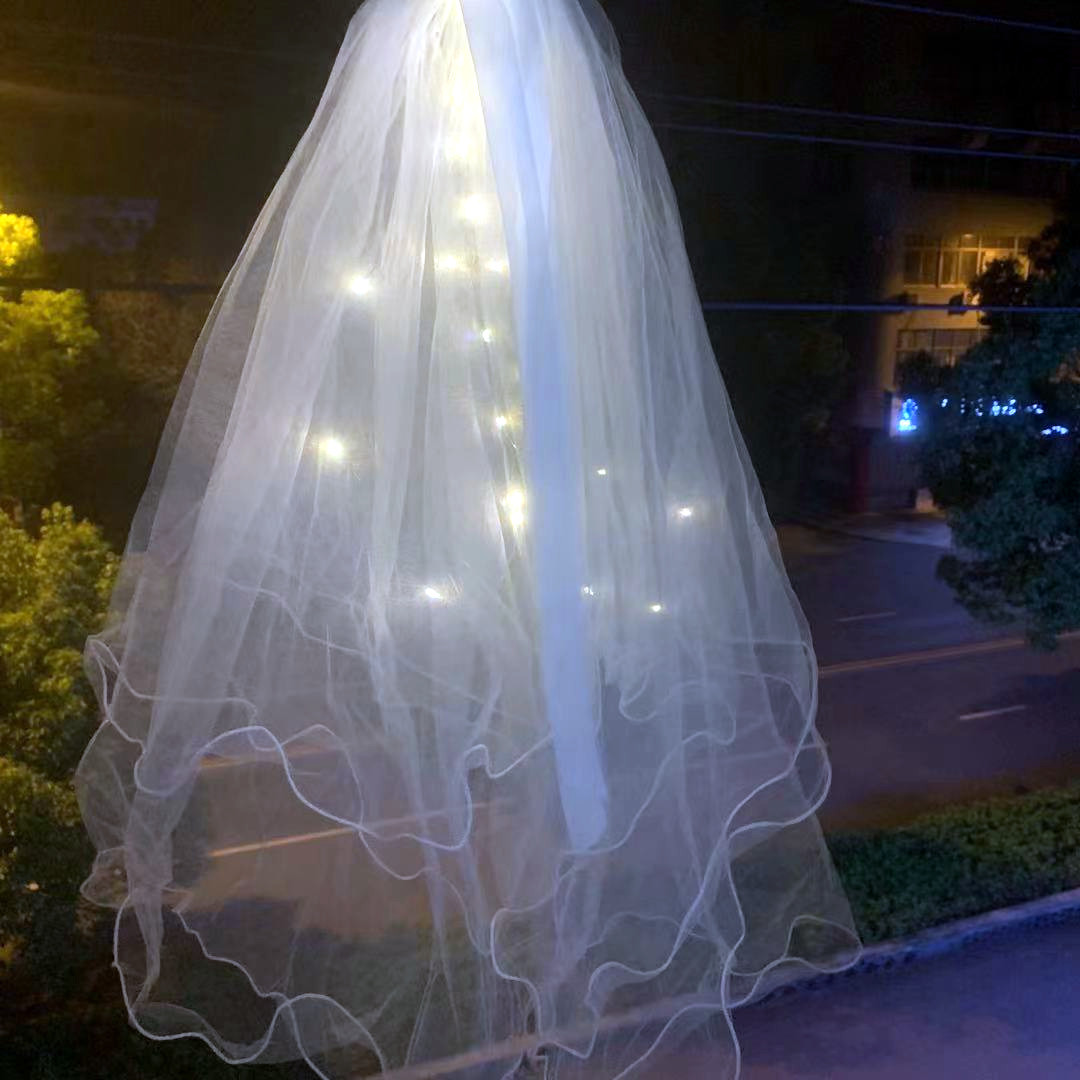 Veil Light-Emitting Double-Layer Super Fairy New Bow Double-Layer Ribbon Bow Veil Headwear with Light Wedding Veil Veil Light-Emitting Double-Layer Super Fairy New Bow Double-Layer Ribbon Bow Veil Headwear with Light Wedding Veil